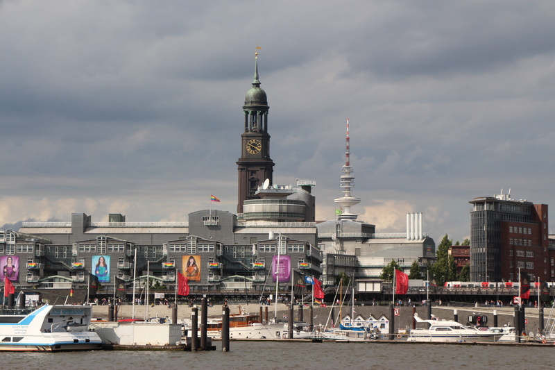elbe, germany, sky, built structure, incidental people, communication, believe, cloud - sky, hamburg, steeple, church, day, building, landmark, hamburger-michel