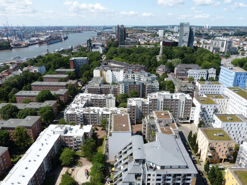 day, building exterior, high angle view, urban Scene, residential district, 4K, skyscraper, tower, city, aerial View, germany, outlook views, crowd, hamburg