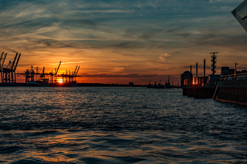 germany, business, hamburg, nautical vessel, river, landmark, freight transportation, hanseatic city, building, port, evening, 5K, water, outdoors, orange color
