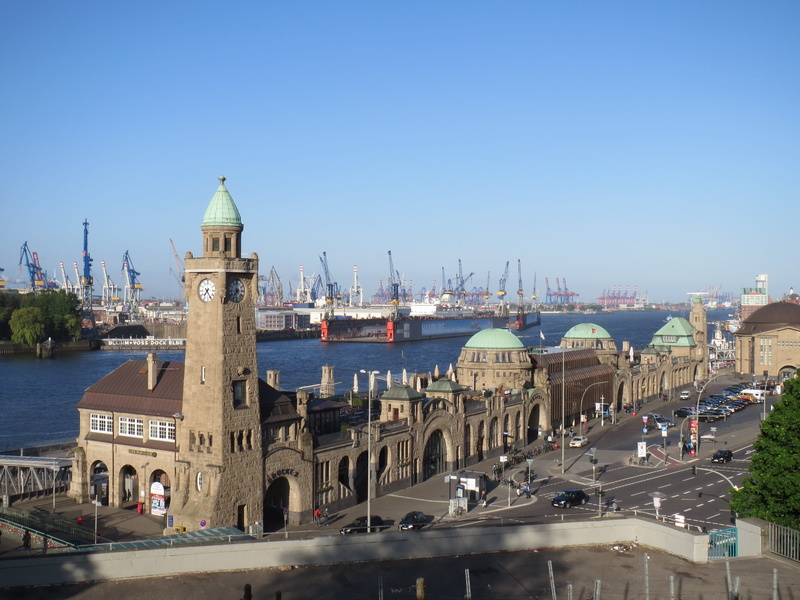 outdoors, bridges, spirituality, built structure, building, water, Germany, Hamburg, architecture, port city, landmark, tower, religion, 2K, Landungsbrücken