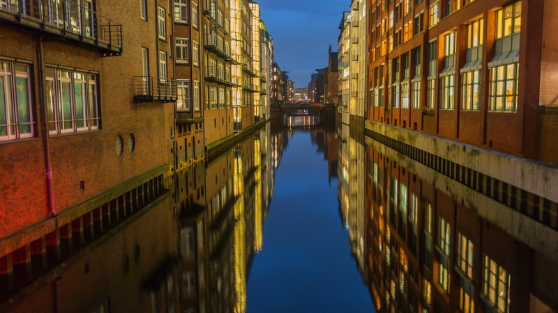 no people, day, brick, building exterior, sky, outdoors, modern, port of hamburg, waterways, water, transportation, bank, nautical vessel, channel, window