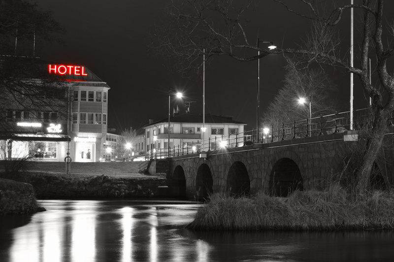 monochrome, night, street, bridge, building exterior, outdoors, no people, waterfront, drainage, scale, arch, 2K, photo, hotel, lights, white, city, light
