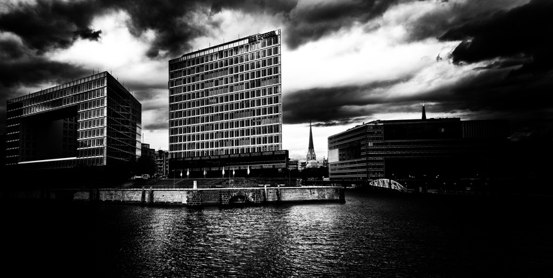 reflection, office building exterior, atmosphere, 5K, office, facade, river, sky, building Exterior, city, mirror glass, overcast, water, lake, mirroring