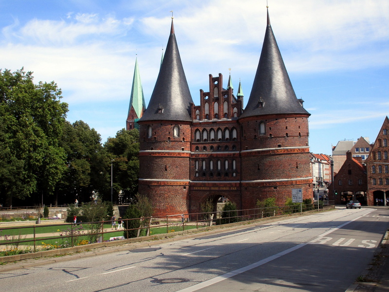 plant, historically, building exterior, known, hanseatic city, lion city, old town, travel destinations, holsten gate, nature, tree, incidental people