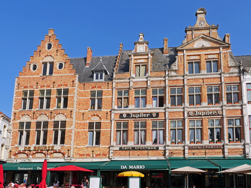 gabled houses, clear sky, low angle view, places of interest, residential district, day, row house, building, belgium, travel, built structure, canal, architecture