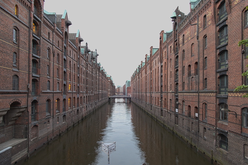 reflection, city, old speicherstadt, speicherstadt, hanseatic league, clear sky, history, bridge, building exterior, day, travel destinations, channel