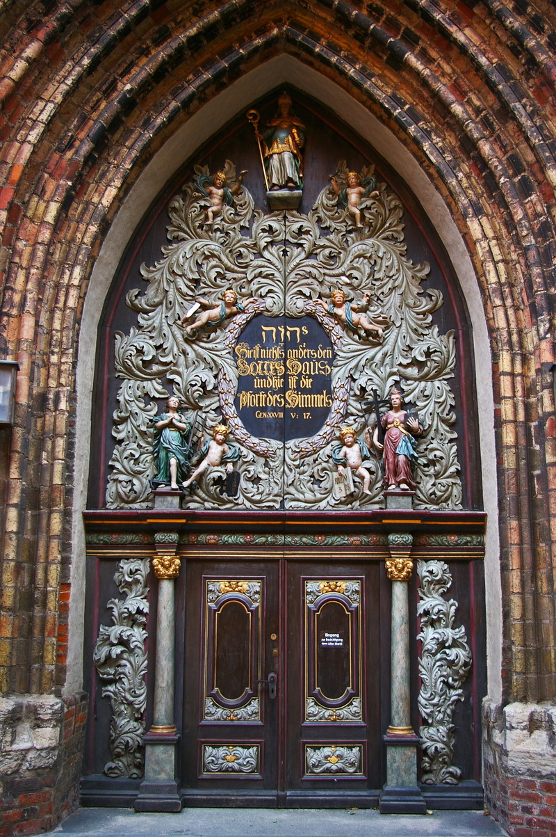 old, building, resurrection, portal, wrought iron, nikolai church in stralsund, ornament, door, architecture, building exterior, place of worship, bas relief