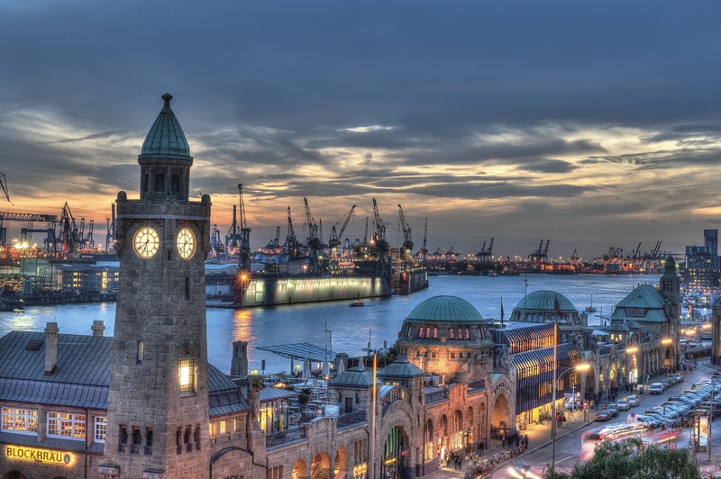 evening, city, germany, river, nautical vessel, cloud - sky, port, hamburg, building, building exterior, bridge, dusk, nature, architecture, sunset, 4K