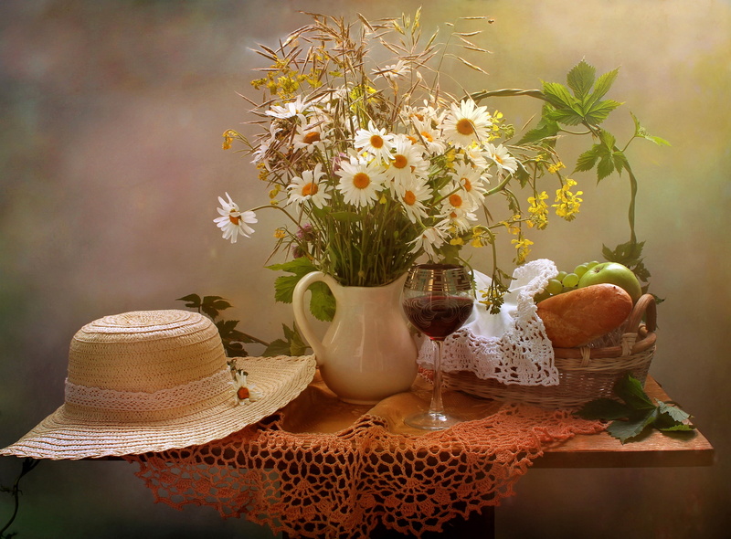 tablecloth, grapes, table, 1080P, apples, vase, napkin, fruit, flowers, wine, glass, still life, chamomile, baton, bread, basket