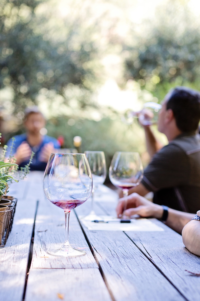 selective focus, red wine, mid adult men, food and drink, celebration, vineyard, wood - material, mid adult, napa, leisure activity, three, lifestyle, california