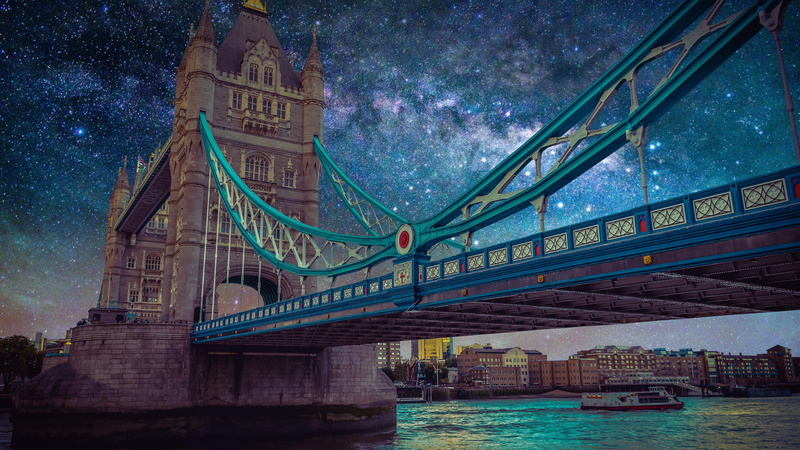 waterway, water, night sky, london, united kingdom, night, tower bridge, milky way, 4K, sky, river, starry sky, bridge, landmark