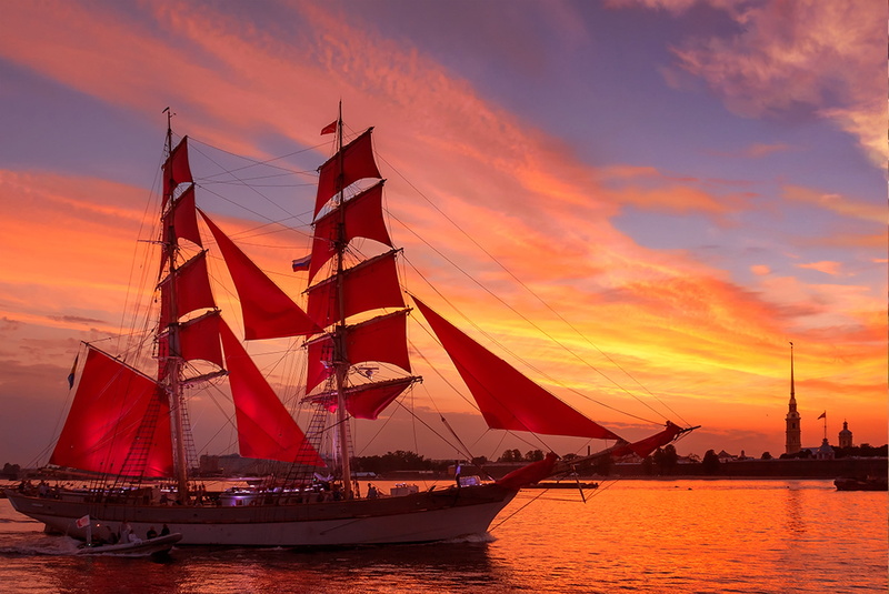 river, outdoors, transportation, sunset, 2K, the peter and paul fortress, clouds, pole, sailing, scarlet sails, sailing Ship, ocean, ship, white, sky