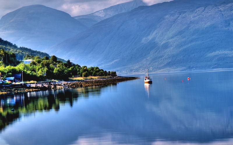 mist, sky, house, fjord, road, Lake, 2K, trees, boat, clouds, mountains, buoy