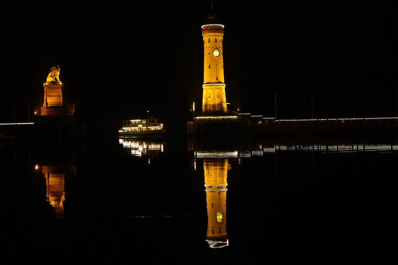illuminated, promenade, romantic, swabia, tourism, building, port, landmark, night mood, bavaria, shipping, mirroring, bank, city, historically, built structure