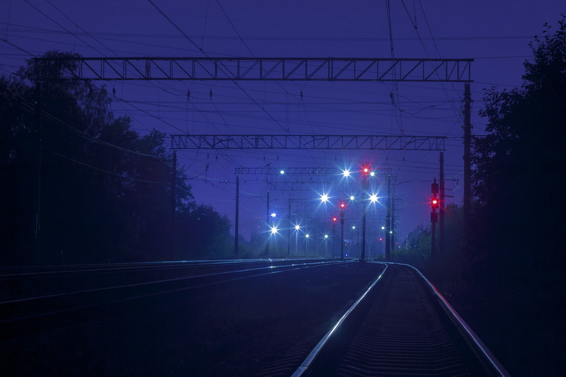 power lines, night, traffic lights, 720P, railway, blue