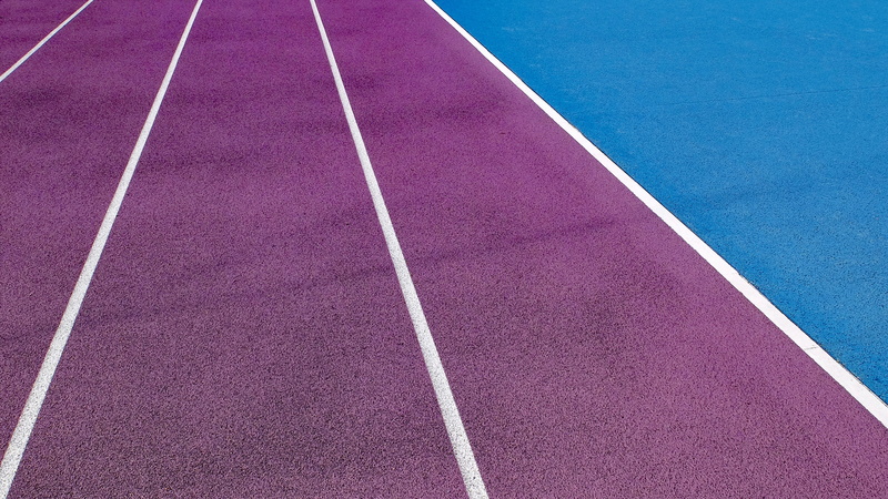 blue, outdoors, sports Venue, purple, sport, high angle view, sports Race, single Line, outdoor, track and field, racing track, pink color, rug, court