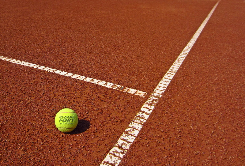 2K, tennis, high angle view, tennis ball, play, sport, floor, dividing line, sports equipment, ball, track and field, green, red, court, no people, yellow