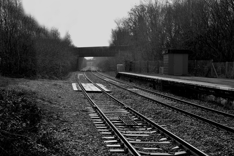 day, no people, rail transportation, railroad track, winter, outdoors, transportation, journey, sky, architecture, direction, plant, speed, black and white