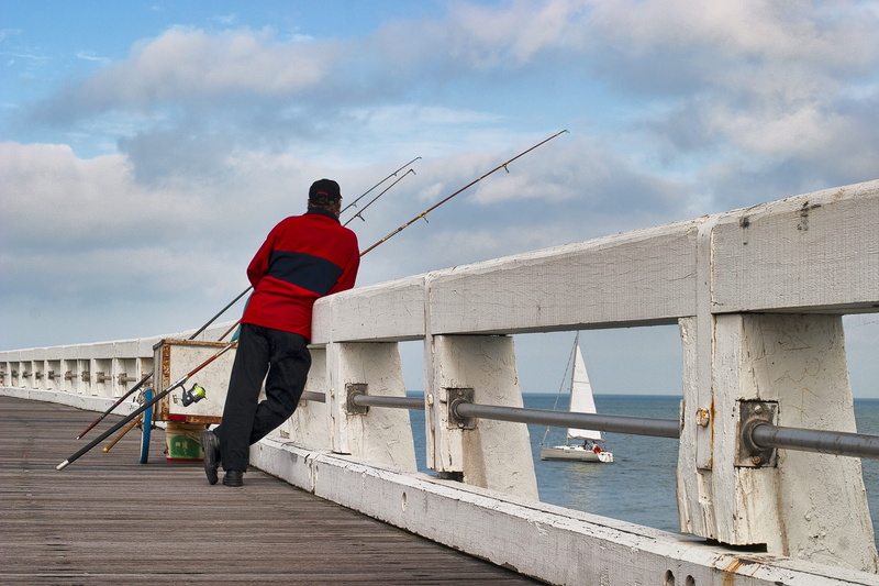 fishing, Water, Sailing Boat, architecture, standing, day, pier, fisherman, nautical vessel, one man only, adult, blue sky, sky, men, fish, outdoors, people