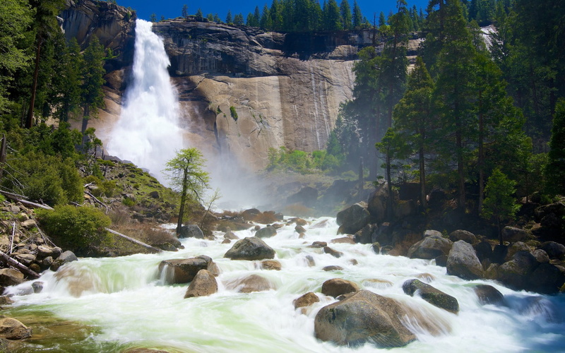 waterfalls, white, waterfall, cliff, near, photo, 720P, stones, river, trees, stream, rocks, leaf, mountains, sky, green