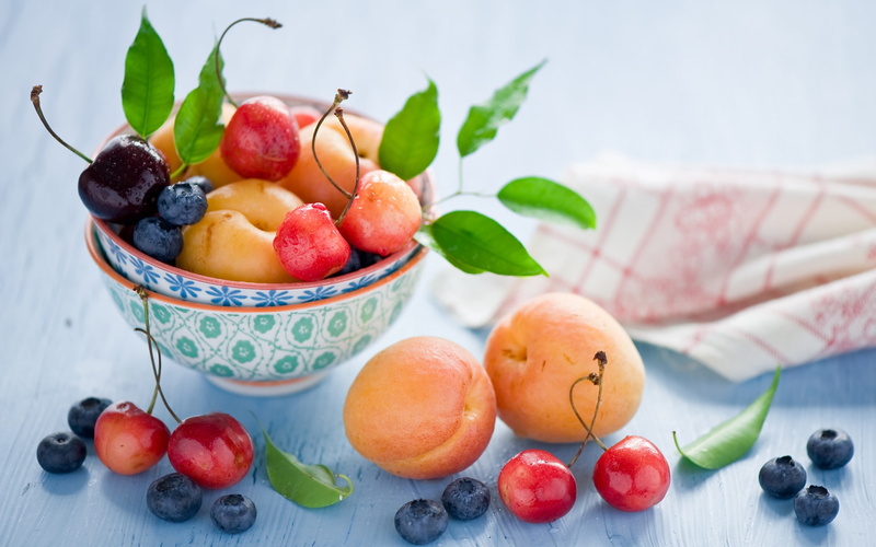 1080P, Still, Berries, Fruit, Life, Blueberry, Apricots, Cherries, Leaves