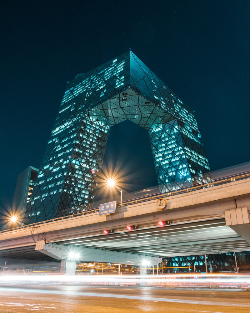 daytime, cctv headquarters, long exposure, street, outdoors, traffic, 4K, fuji, cctv, bridge, illuminated, no people, modern, motion, night, night photography