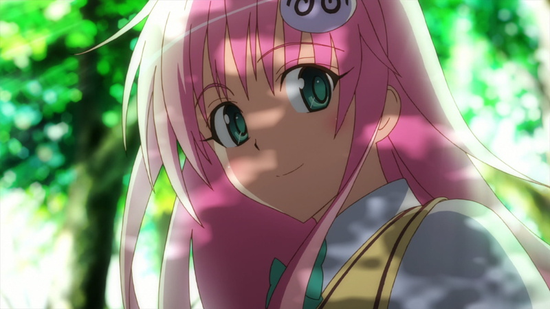 anime, Smile, ear, 1080P, Peke, bow-tie, To Love-ru, anime girls, long hair, school uniform, trees, fringe hair, looking at viewer, green eyes, pink hair