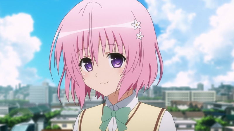 sky, To Love-ru Darkness, city, bow-tie, 1080P, short hair, pink hair, shadow, anime, blue, Peke, school uniform, fringe hair, pink eyes, anime girls