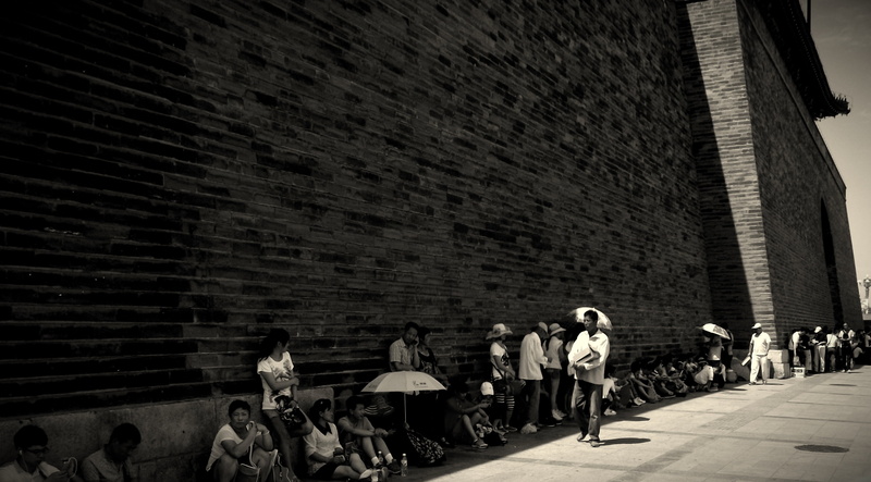 old, city, built structure, brick wall, square, adult, crowd, day, china, building exterior, site, wall, attraction, peking, culture, history, large group of people