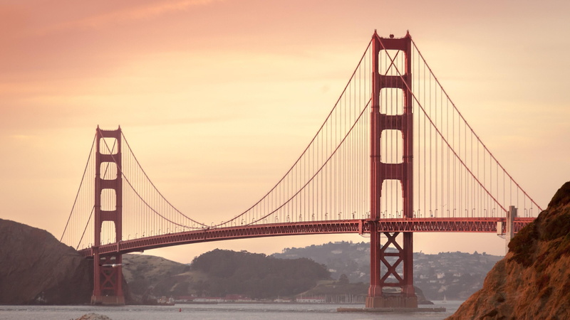 transportation, travel, bridge - man made structure, bay of water, built structure, engineering, city, dawn, travel destinations, nature, united states