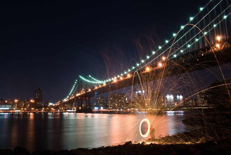 Light Painting, architecture, Steel Wool, black, Dumbo  Brooklyn, night, cityscape, bridge - Man Made Structure, Manhattan Bridge, unwanted, Brooklyn Bridge