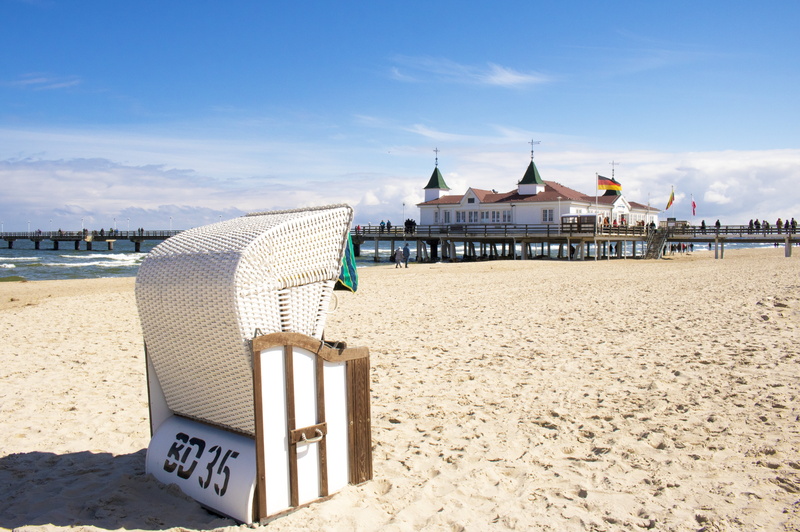 usedom, baltic sea, sea bridge, island of usedom, ahlbeck, beach, no people, beauty in nature, trip, beach chair, western pomerania, water, woven, land