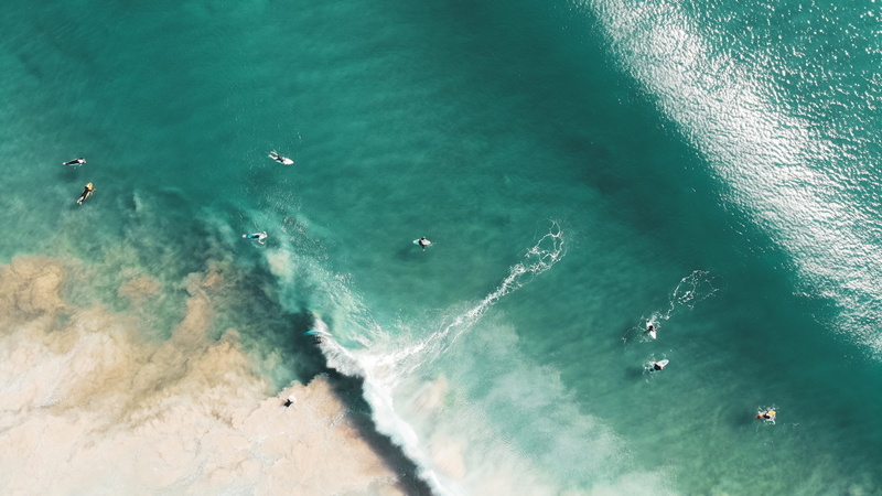 nautical vessel, holiday, aerial, aerial view, wake - water, motion, ocean, green, water, transportation, surfer, wave, day, nature, high angle view, beauty in nature