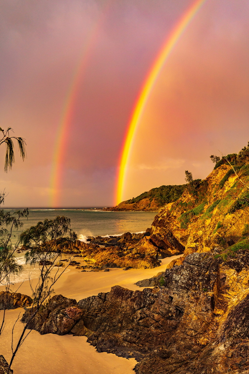 horizon, evening, byron bay, water, outdoors, non-urban scene, romance, sun, idyllic, double rainbow, landscape, scenic, scenics - nature, tranquil scene