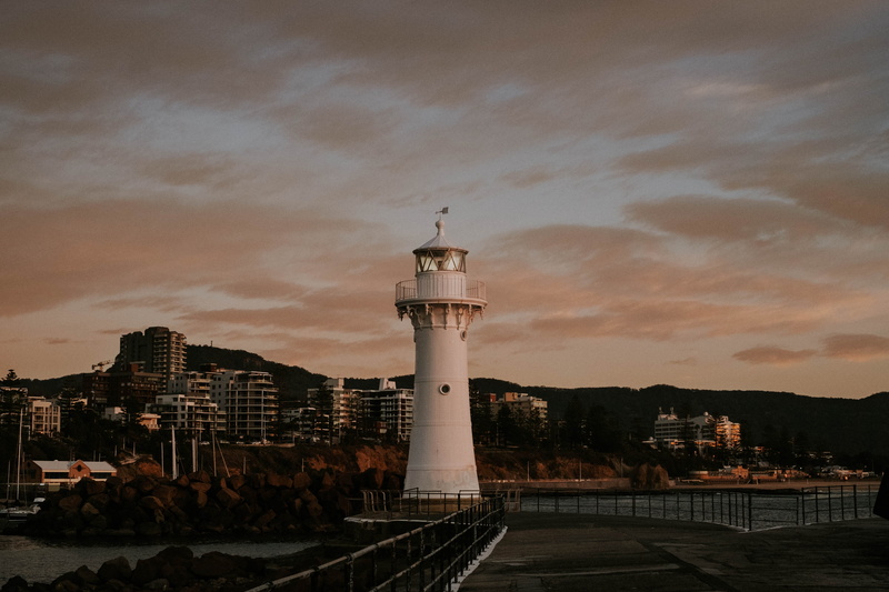 sky, coast, built structure, direction, building, sunset, 4K, sydney, beach, water, cloud - sky, lighthouse, wollongong, harbour, guidance, safety, outdoors
