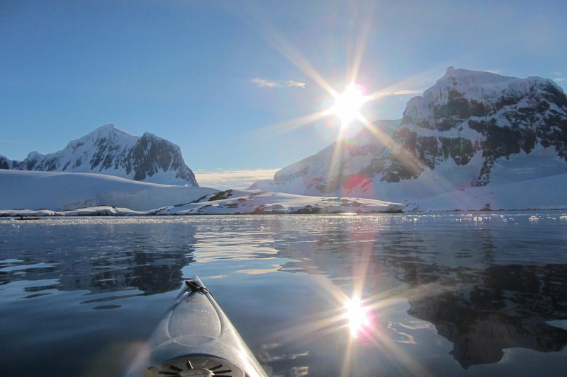 lake, reflection, antarctic, winter, mountain range, rocky, outdoors, scenics - nature, frozen, water, sunlight, sky, 2K, no people, lens flare, kayak