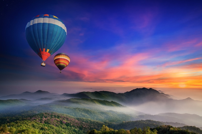 mountains, clouds, landscape, nature, sunset, hot air balloons, 720P, purple sky