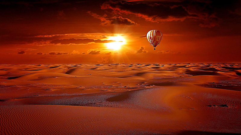 horizon, desert, sunrise, sand, air, air balloon, sunlight, landscape, 1080P, calm, morning, hot air balloon, sky, sun
