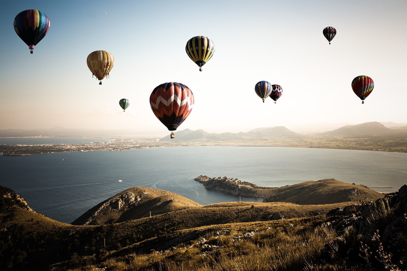 nature, sea, river, mountains, 2K, hot air balloons