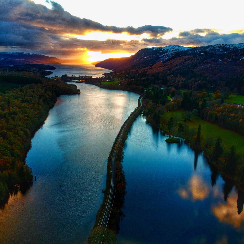 idyllic, sky, lake, beauty in nature, water, scotland, nature, tranquil scene, dji mavick, non-urban scene, loch ness, no people, orange color, 2K, drone
