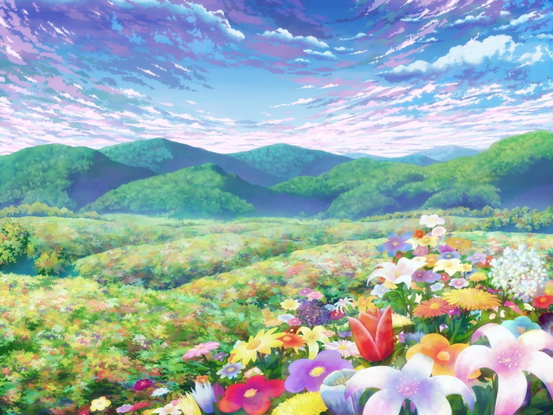 Green, hills, nature, anime, skies, 720P, Flowers, Landscapes, art, hd, sky, Clouds, blue