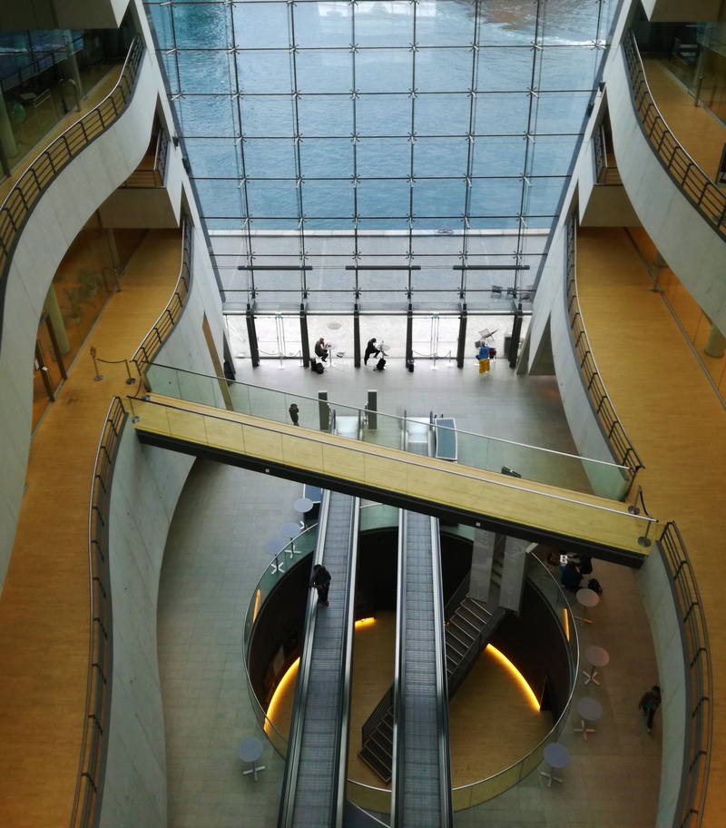 connection, no people, indoors, library, 2K, human, copenhagen, person, travel, sweden, building, modern design, metal, yellow, nature, high angle view