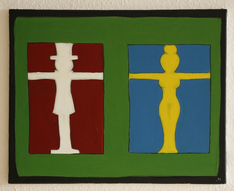 woman, wall - building feature, plate, couple, communication, shape, denmark, blue, symbol, patriotism, man, sweden, number, indoors, day, green color