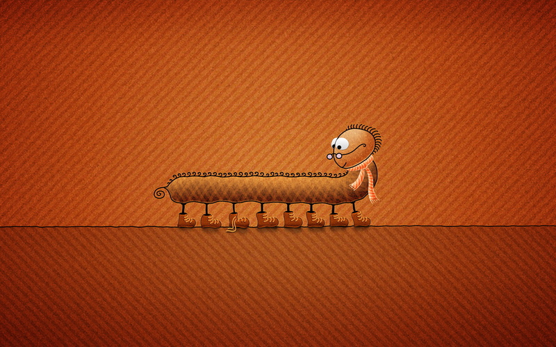 centipede, insect, orange background, scarf, laces, minimalism, shoes, glasses, vladstudio, 2K