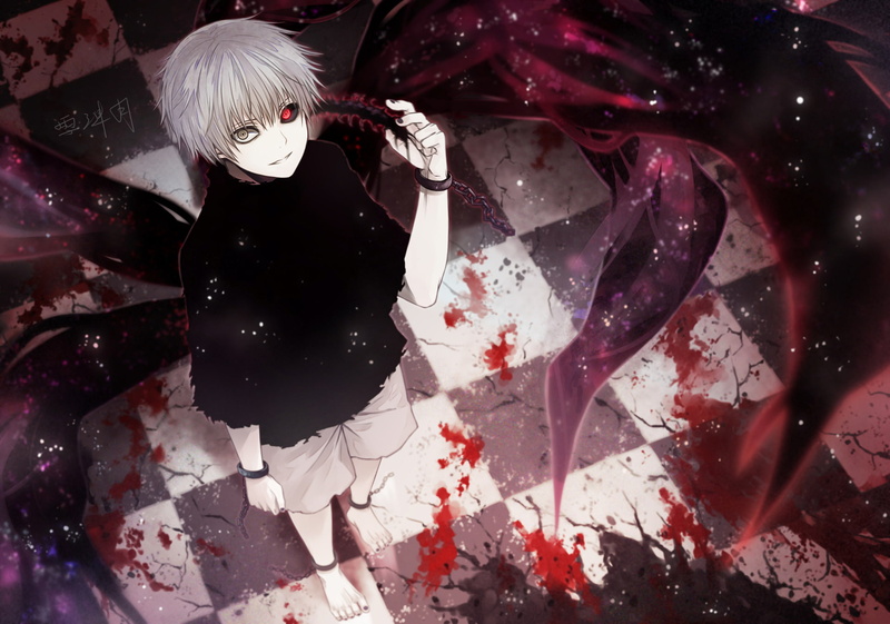 Centipede, Chain, Cuffs, 1080P, Red Eyes, Kagune (Tokyo Ghoul), Heterochromia, White Hair, Anime, Boy, Smile, Barefoot, Tokyo Ghoul, White Eyes, Ken Kaneki