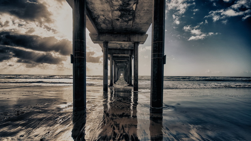 beauty in nature, scenics - nature, sky, pier, bridge, wooden post, architectural column, perspective, land, underneath, cloud - sky, horizon, horizon over water