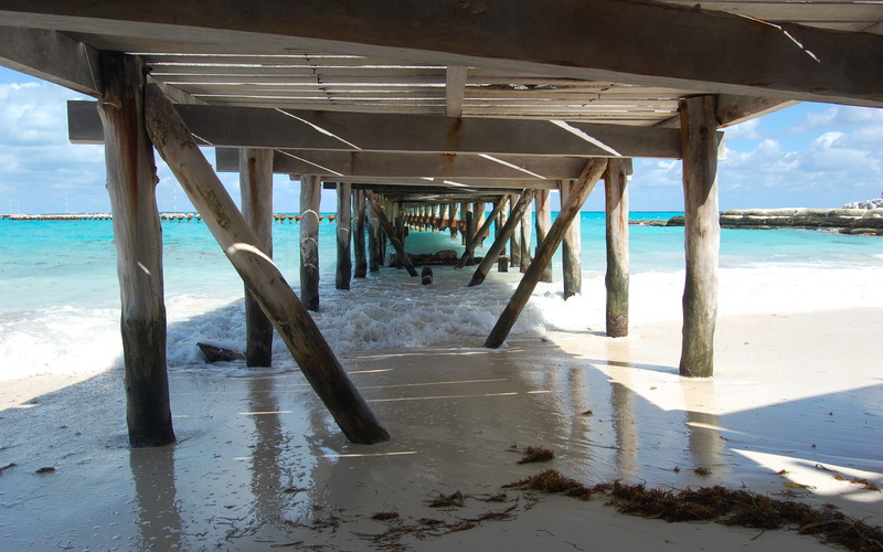 pier, underneath, horizon over water, beauty in nature, architecture, land, sand, sky, landscape, nature, no people, wood - material, 2K, water, wooden post