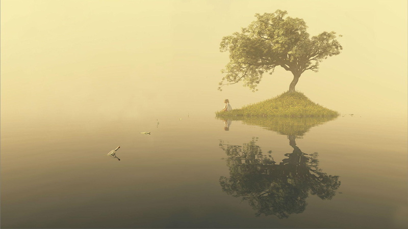 body, isle, tree, water, underneath, woman, island, fantasy, lake, watching, bottle, blonde, 2560x1440, 2K, painting