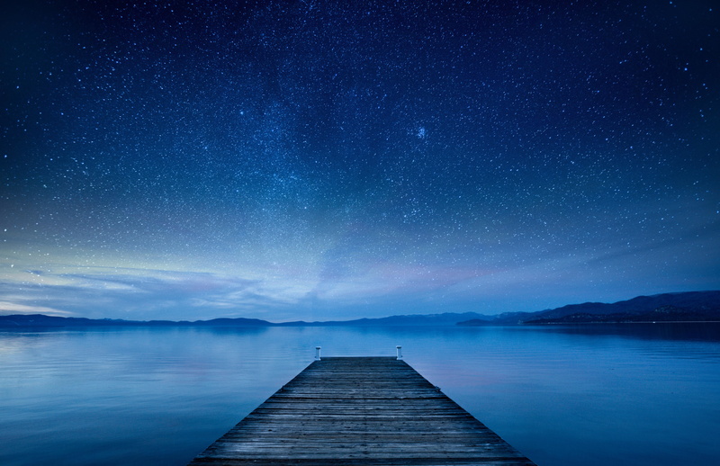 wood - Material, idyllic, vacations, outdoors, galaxy, blue, pier, night, dark, digital, water, tranquility, scenics, mountain, landscape, 5K