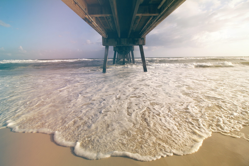 gulf, sand, tide, horizon over water, scenics - nature, water, pier, okaloosa island fishing pier, fishing pier, aquatic sport, wave, cloud - sky, sky